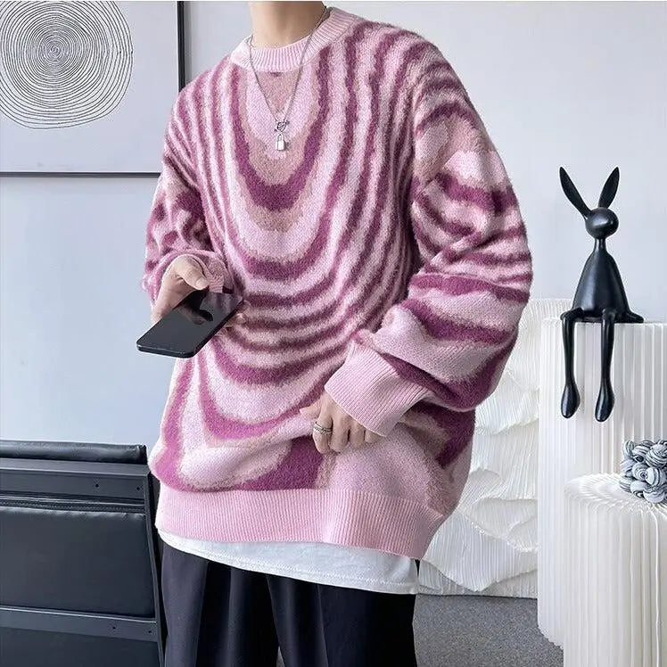 Y2k sweater with wavy stripes and classic crew neck long sleeves