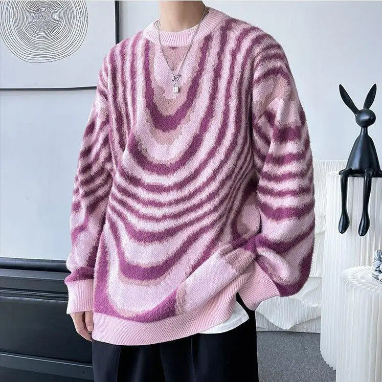 Y2k sweater with wavy stripes and classic crew neck long sleeves - pink / m