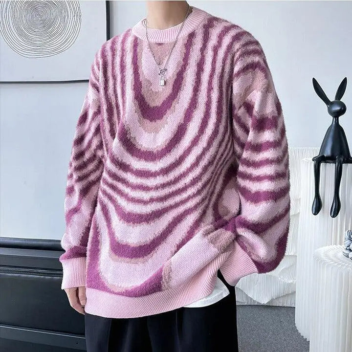 Y2k sweater with wavy stripes and classic crew neck long sleeves - pink / m